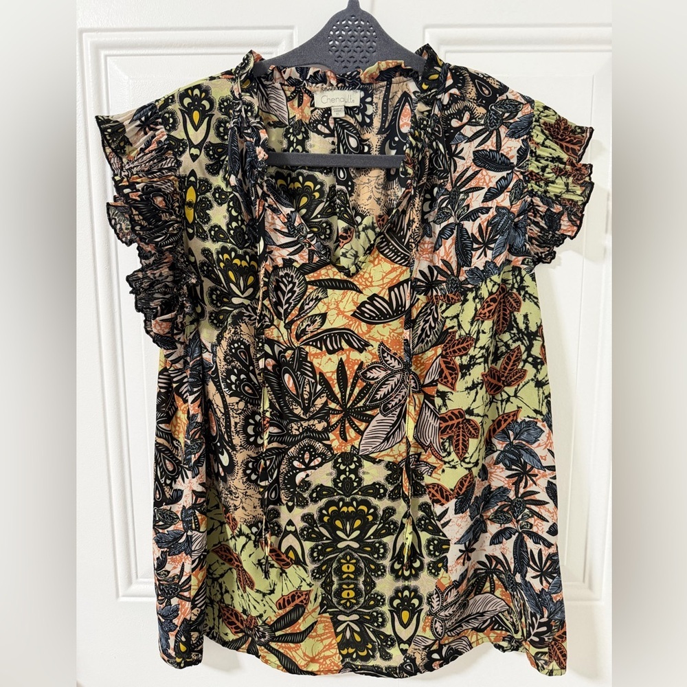 Chenault Women's Floral Ruffle Blouse - Black, Orange, Green